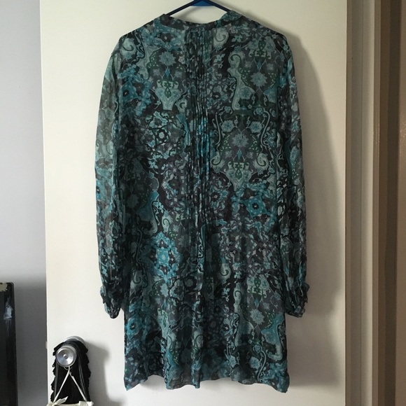 CASSIS Teal Blue Paisley Silk Chiffon Pin Tuck Mini Dress L - Picture 4 of 5